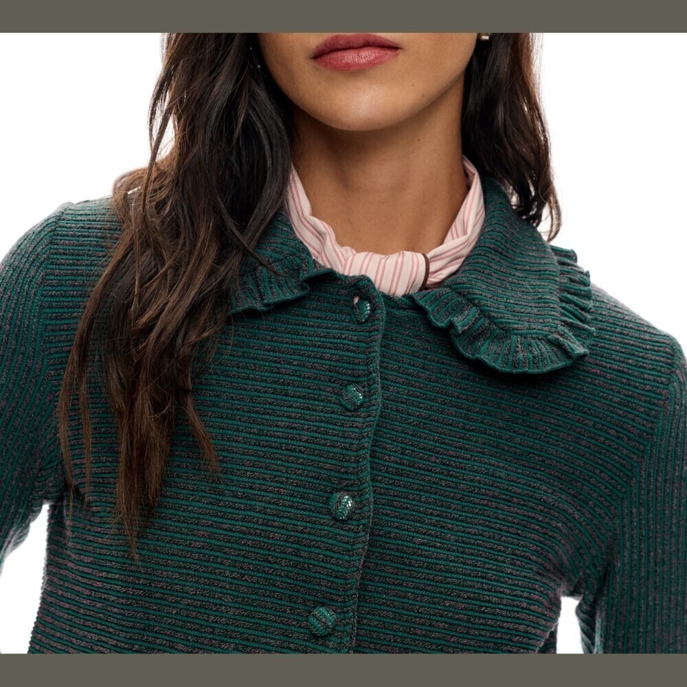 Green Ribbed Knit Ruffle Collar Button Front Cropped Cardigan - Picture 6 of 7